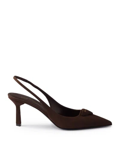 Prada Pumps With Triangle Logo And Back Strap 75mm In Brown