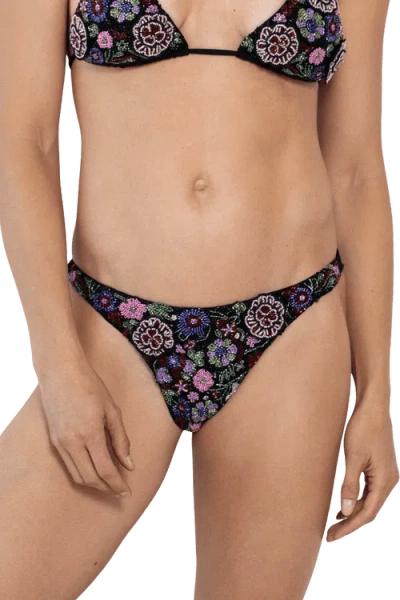Self-adore Fleur 3d Hand Beaded Bikini Bottom In Black