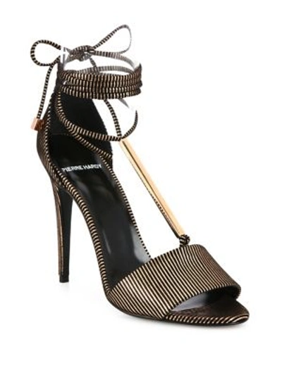 Shop Pierre Hardy Blondie Stripe Leather & Metal Ankle-tie Sandals In Gold-black