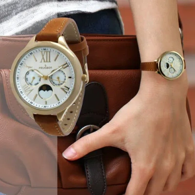 Peugeot Sun Moon Multi Function Suede Strap Watch In Brown