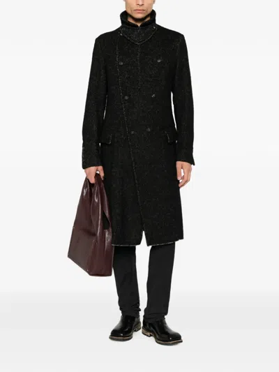 Masnada Herringbone Double-breasted Coat In Black