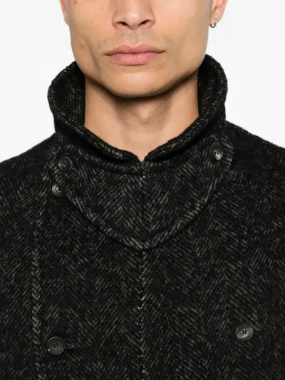 Masnada Herringbone Double-breasted Coat In Black