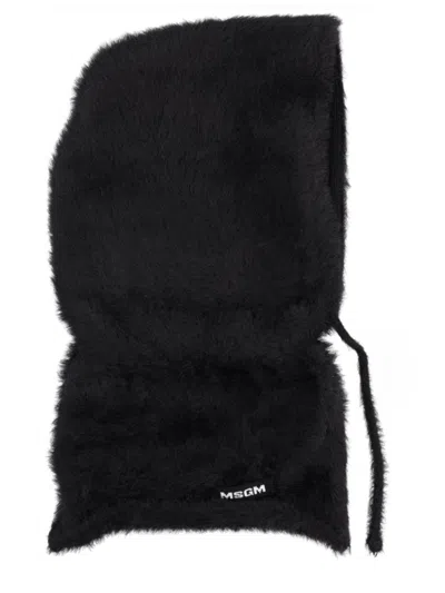 Msgm Textured Drawstring Hat In Faux Fur In Black