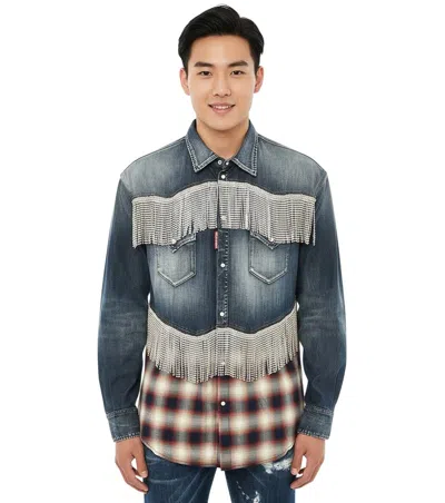 Dsquared2 Strass-embellished Panelled Shirt In Blue