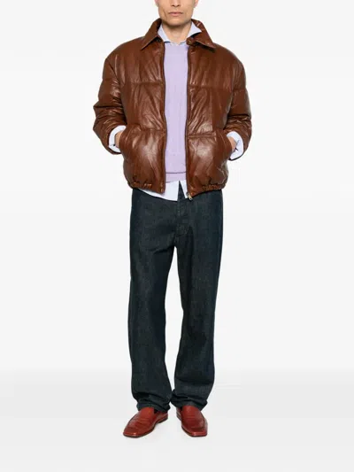 Prada Quilted Leather Jacket In Brown