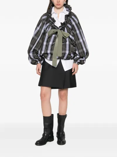 SCOOP-NECK CHECK RUFFLED BLOUSE