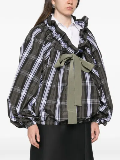 SCOOP-NECK CHECK RUFFLED BLOUSE