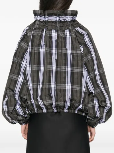 SCOOP-NECK CHECK RUFFLED BLOUSE