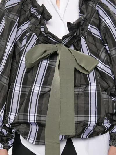 SCOOP-NECK CHECK RUFFLED BLOUSE