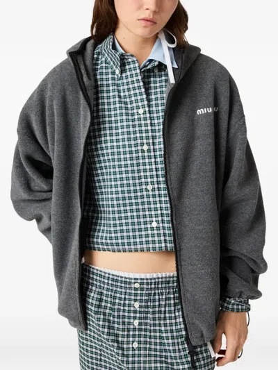 Miu Miu Hooded Jacket Elasticated Cuffs Drawstring Hem In Gray