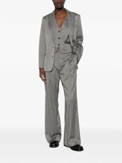Maje Herringbone Belt-loop Trousers In Gray