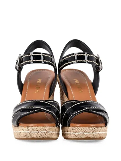 Pre-owned Prada Cross-strap Wedge Espadrilles In Black