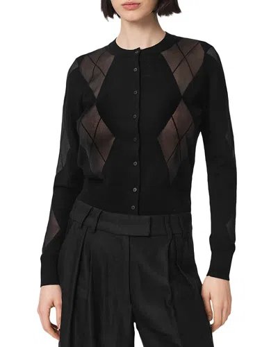 Allsaints Argyle-pattern Mesh-panel Cardigan In Black