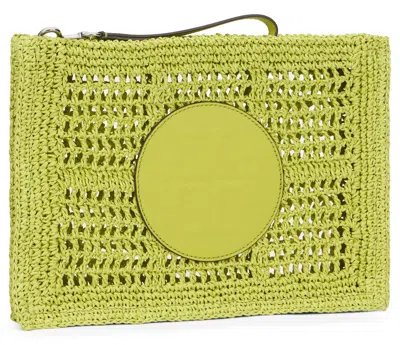 Tory Burch Hand Crocheted Raffia Rectangular Clutch Pouch In Green