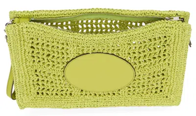 Tory Burch Hand Crocheted Raffia Rectangular Clutch Pouch In Green