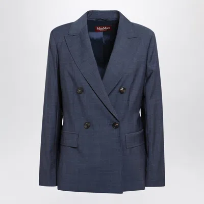 Max Mara Studio Doublebreasted Jacket In Denim Blue Wool Canvas In Blue
