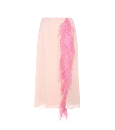 Shop Prada Feather-trimmed Silk Skirt In Alalastro