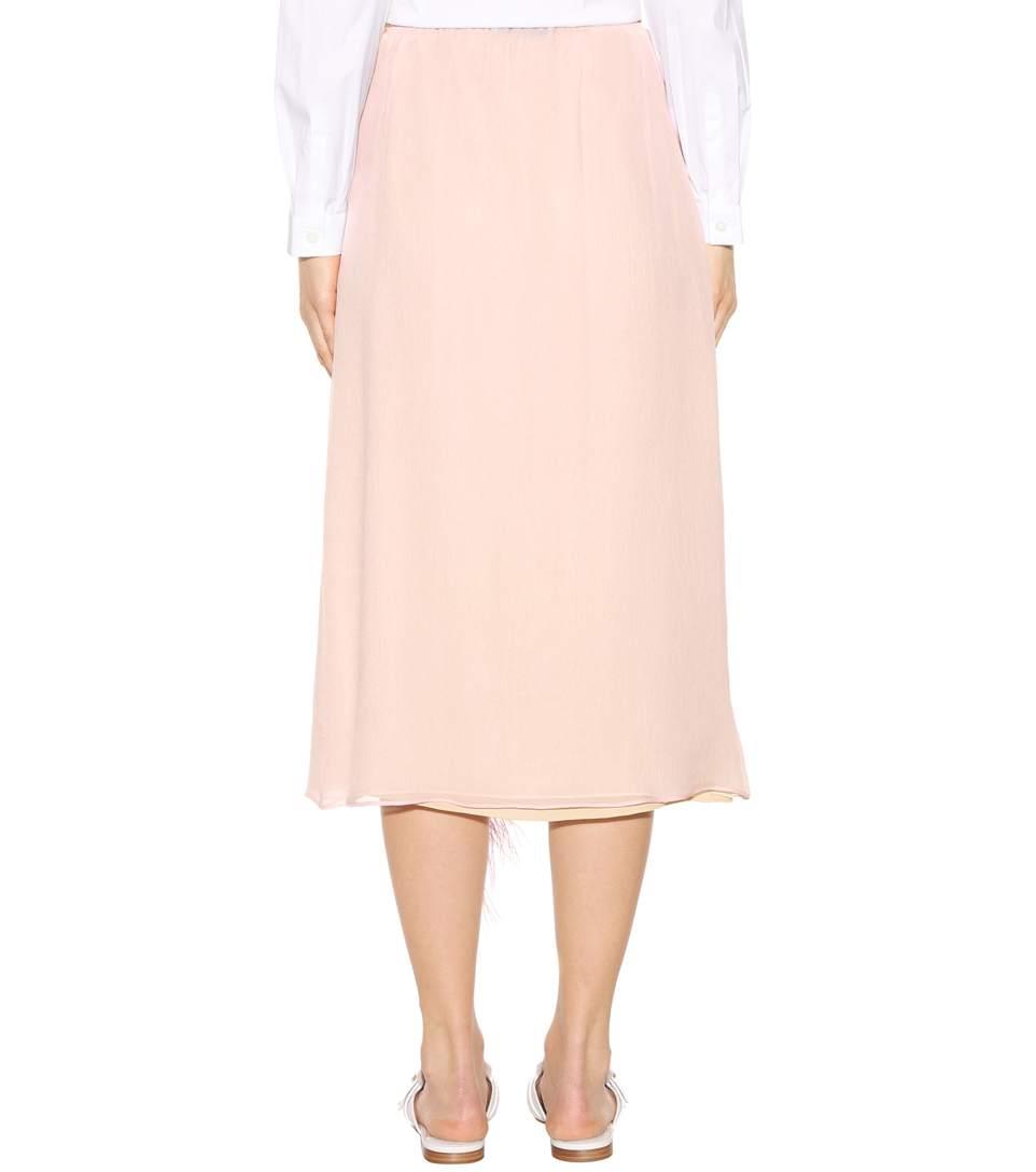 Prada Feather-trimmed Silk-georgette Midi Skirt In Pastel Pink | ModeSens