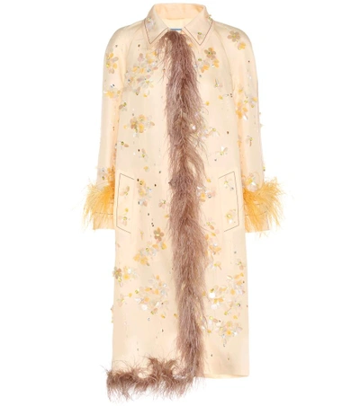Prada Embellished Silk Coat With Feather Trim In Neutrals