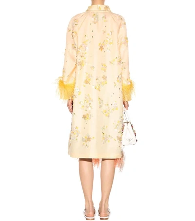 Shop Prada Embellished Silk Coat With Feather Trim In Neutrals