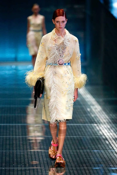 Shop Prada Embellished Silk Coat With Feather Trim In Neutrals