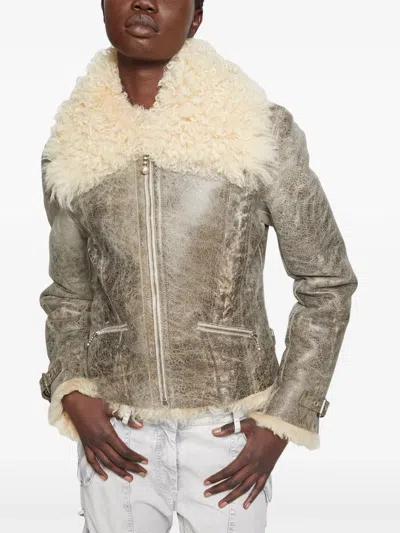 Acne Studios Leather Shearling Jacket In Neutral