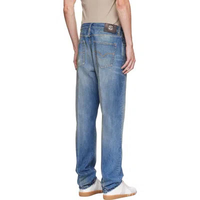 Versace Blue Distressed Straight Jeans In Blue