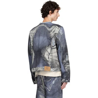 Camperlab Blue Distorted Print Distressed Denim Jacket In Multi