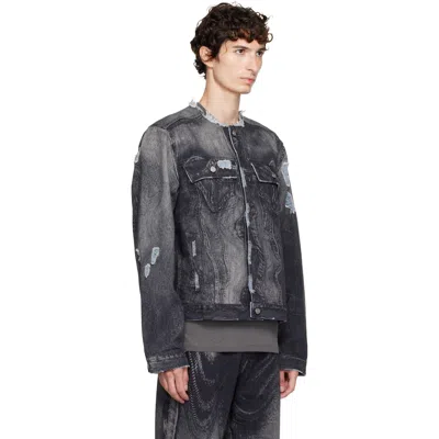 Camperlab Black Distorted Print Distressed Denim Jacket In Multi