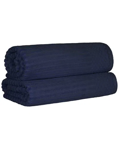 Superior Cotton Highly Absorbent Solid And Checkered Border Bath Sheet Set In Blue