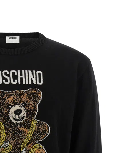 Moschino Virgin Wool Ribbed Crewneck Long-sleeve T-shirt In Black
