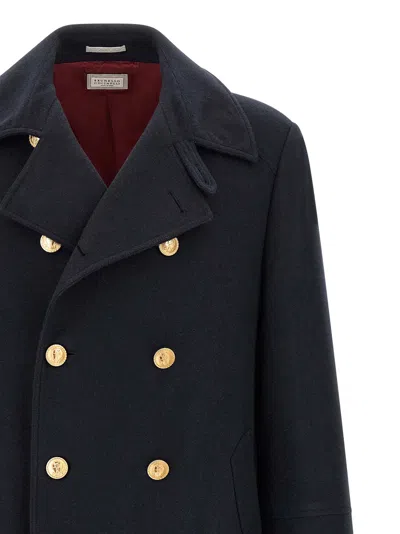 Brunello Cucinelli Double-breasted Crest-button Coat In Blue