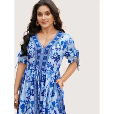 Bloomchic Boho Print V Neck Drawstring Dress In Blue