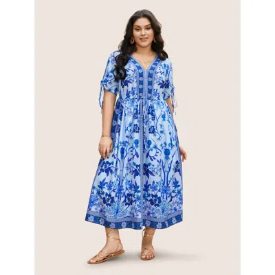 Bloomchic Boho Print V Neck Drawstring Dress In Blue