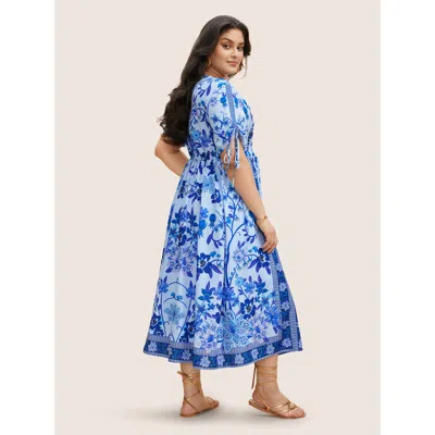 Bloomchic Boho Print V Neck Drawstring Dress In Blue