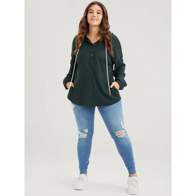 Bloomchic Solid Pocket Button Drawstring Waffle Knit Hooded Sweatshirt In Green