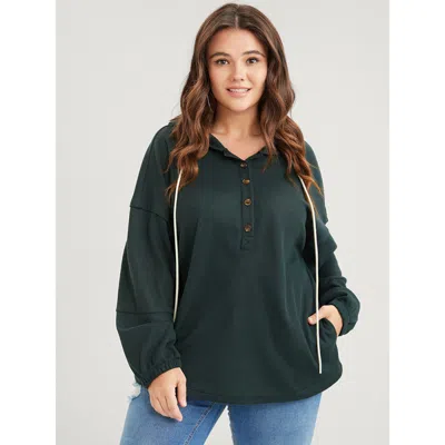 Bloomchic Solid Pocket Button Drawstring Waffle Knit Hooded Sweatshirt In Green