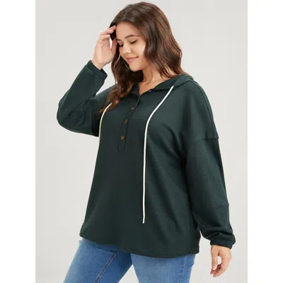 Bloomchic Solid Pocket Button Drawstring Waffle Knit Hooded Sweatshirt In Green