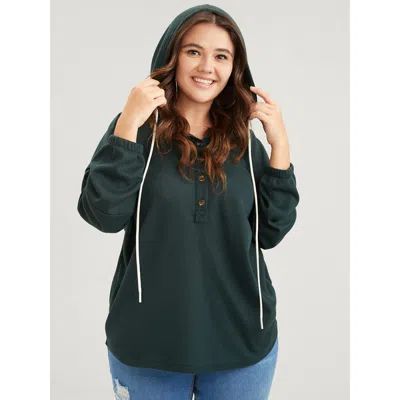 Bloomchic Solid Pocket Button Drawstring Waffle Knit Hooded Sweatshirt In Green