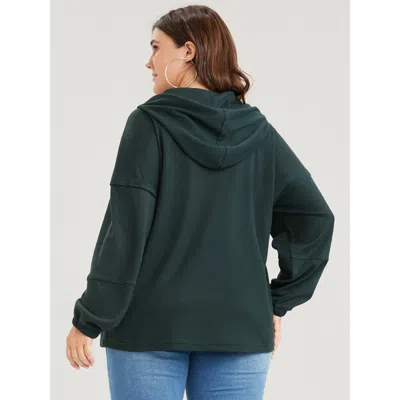 Bloomchic Solid Pocket Button Drawstring Waffle Knit Hooded Sweatshirt In Green