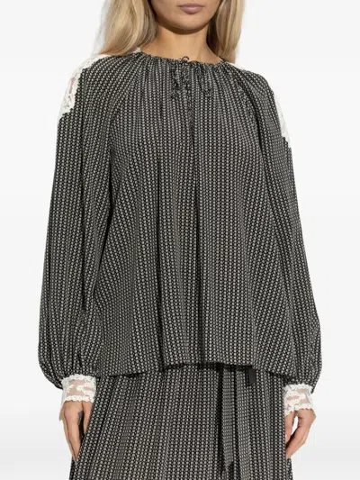 Chloé Micro Check Silk Long-sleeve Blouse In Gray