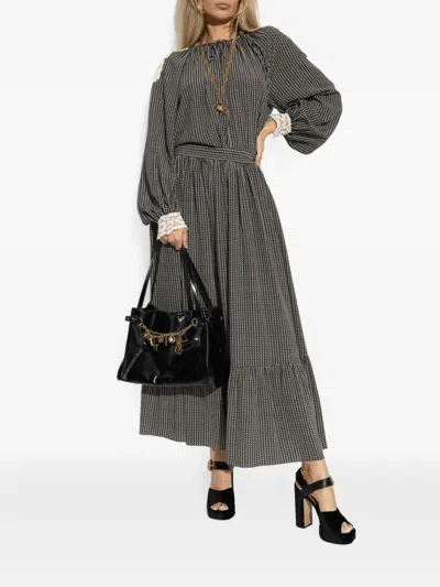 Chloé Micro Check Silk Long-sleeve Blouse In Gray