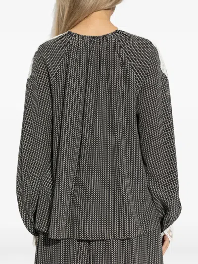 Chloé Micro Check Silk Long-sleeve Blouse In Gray