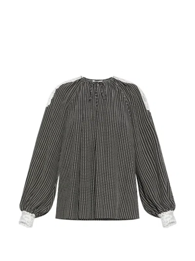 Chloé Micro Check Silk Long-sleeve Blouse In Gray