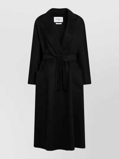 Max Mara Long Belted Jacket Lapel Collar Pockets In Black