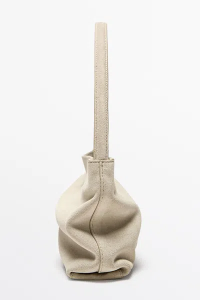 Massimo Dutti Split Suede Leather Shoulder Bag In Ecru