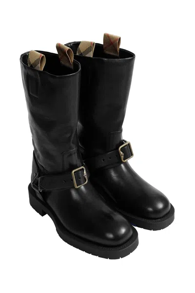 Burberry Soft Saddle Leather Mid-calf Boots In Black