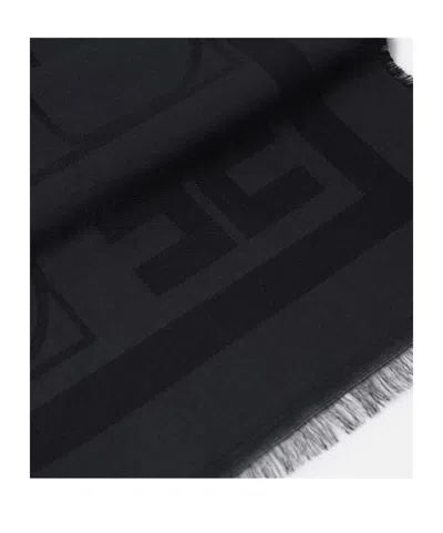 Elisabetta Franchi Rectangular Fringed Scarf With Iconic Logo Pattern In Black
