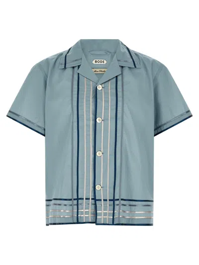 Bode Striped Cotton Bowling Shirt With Cuban Collar And Short Sleeves In Blue