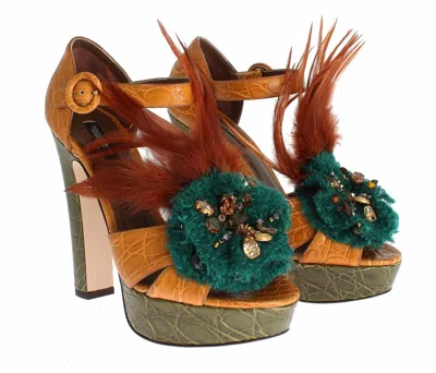 Dolce & Gabbana Multicolor Crystal Ankle Strap Platform Sandals In Orange